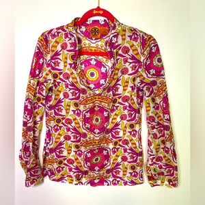 Tory Burch Pink, Yellow & White Floral Print V-Neck Blouse